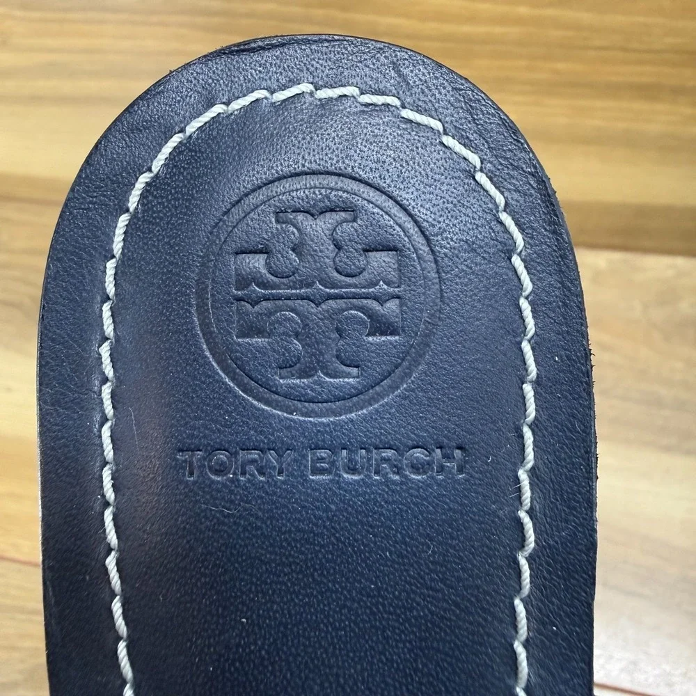 Tory Burch Benton Chain Flip Flops Womens 7 M Navy Blue Leather Gold Hardware